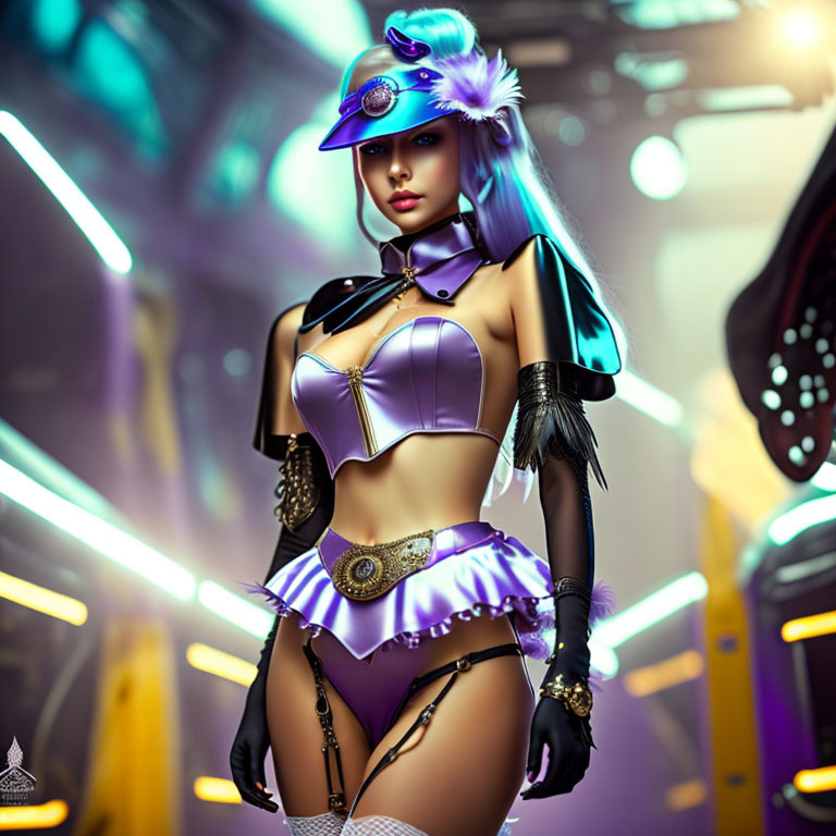 Futuristic female character with blue hair in cyberpunk attire.
