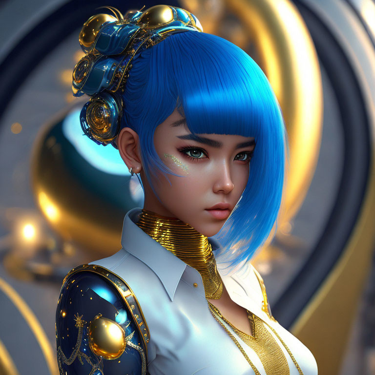 Vibrant blue-haired female character in futuristic gold and blue uniform