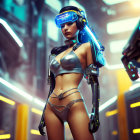 Futuristic female character with blue hair in cyberpunk attire.