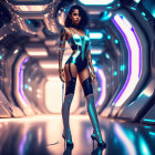 Fashionable woman in colorful dress and fishnet stockings in futuristic setting