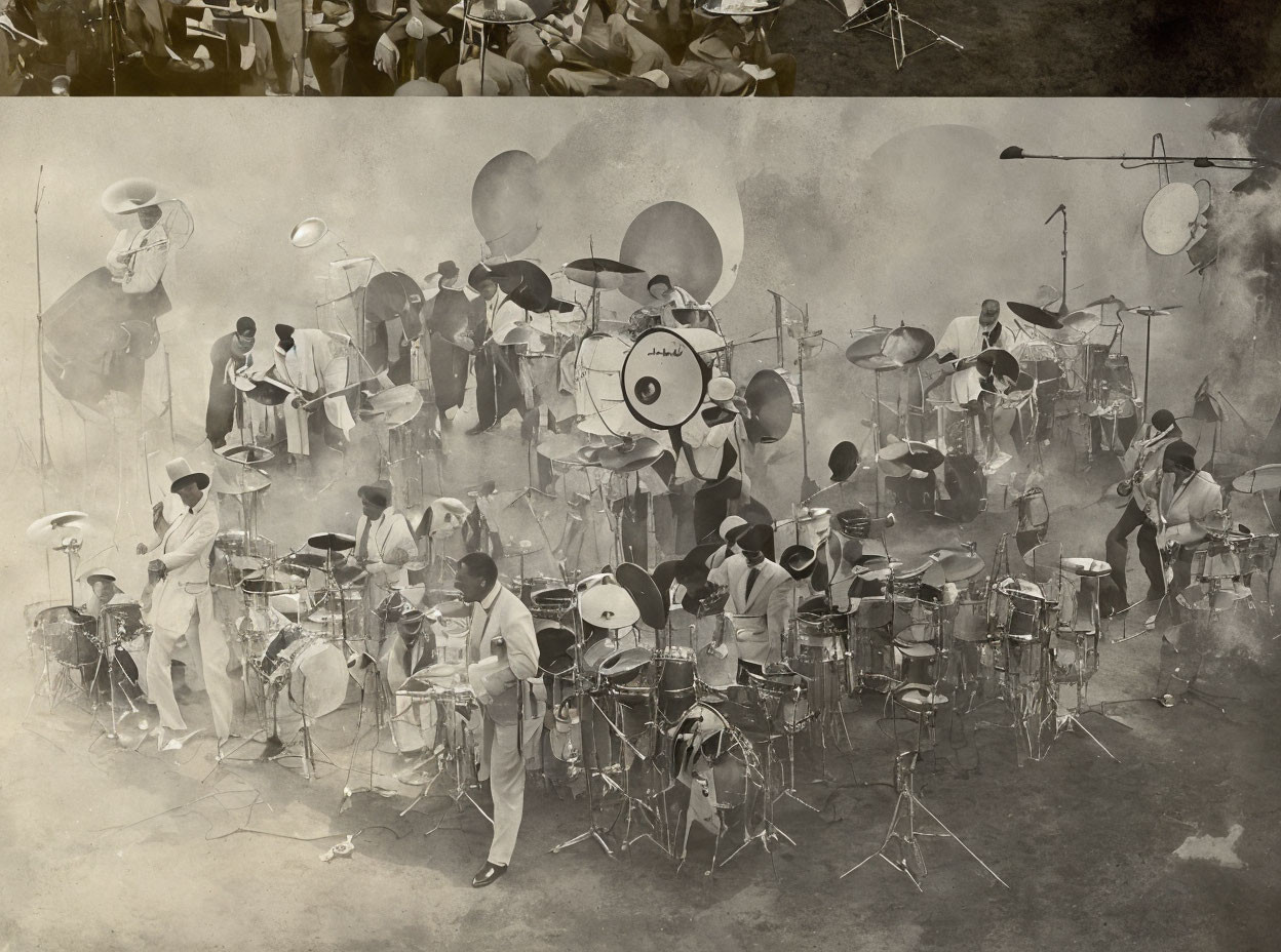 Sepia-Toned Vintage Collage of Drummers Performing on Stage