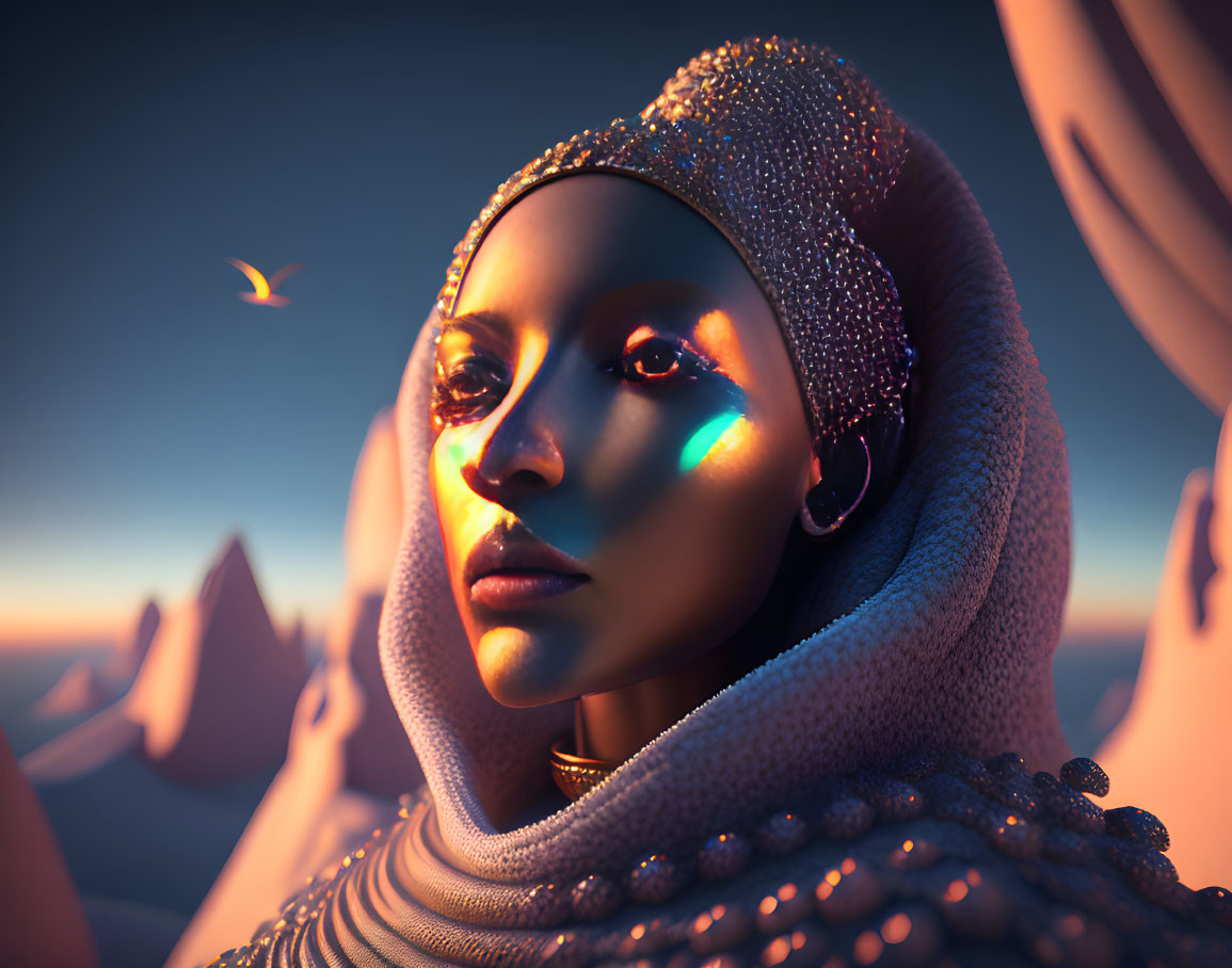 3D-rendered image of woman in sparkling attire with rainbow light reflection and serene dusk landscape.