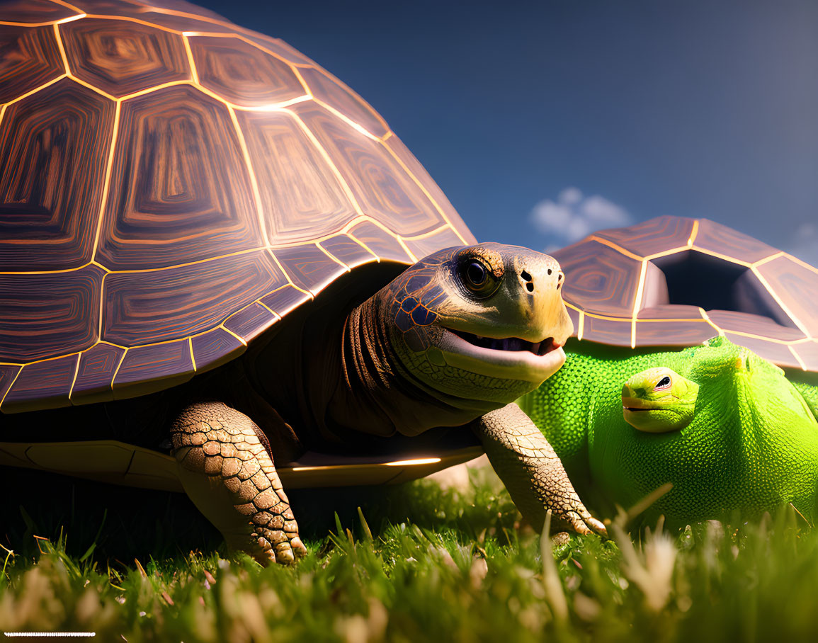 Realistic 3D illustration of tortoise, frog, and soccer ball on grass field
