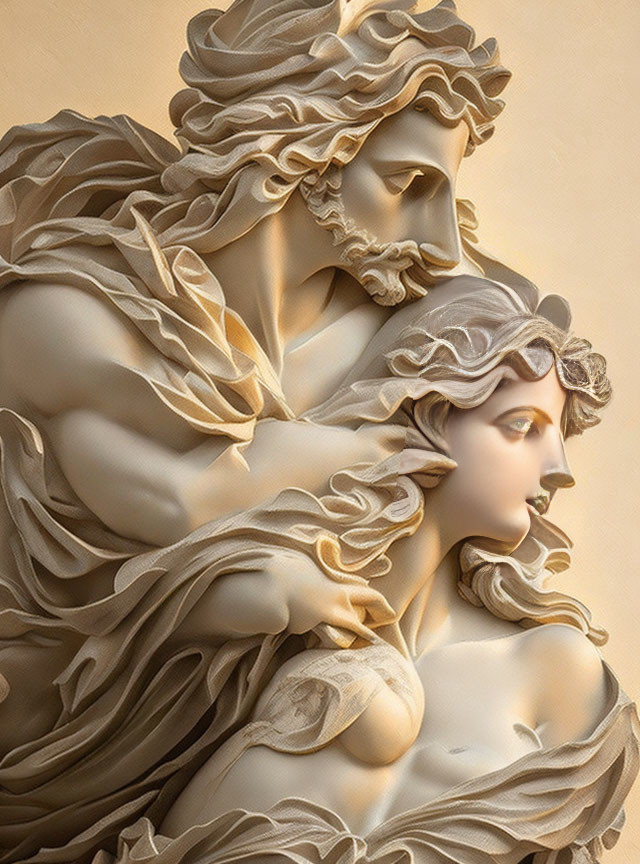 Intricately Carved Sculpture of Two Figures with Flowing Drapery