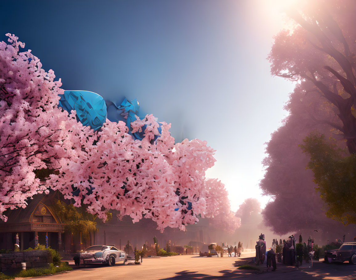 Cherry blossom street scene with pedestrians and blue fish blimp in sunny sky