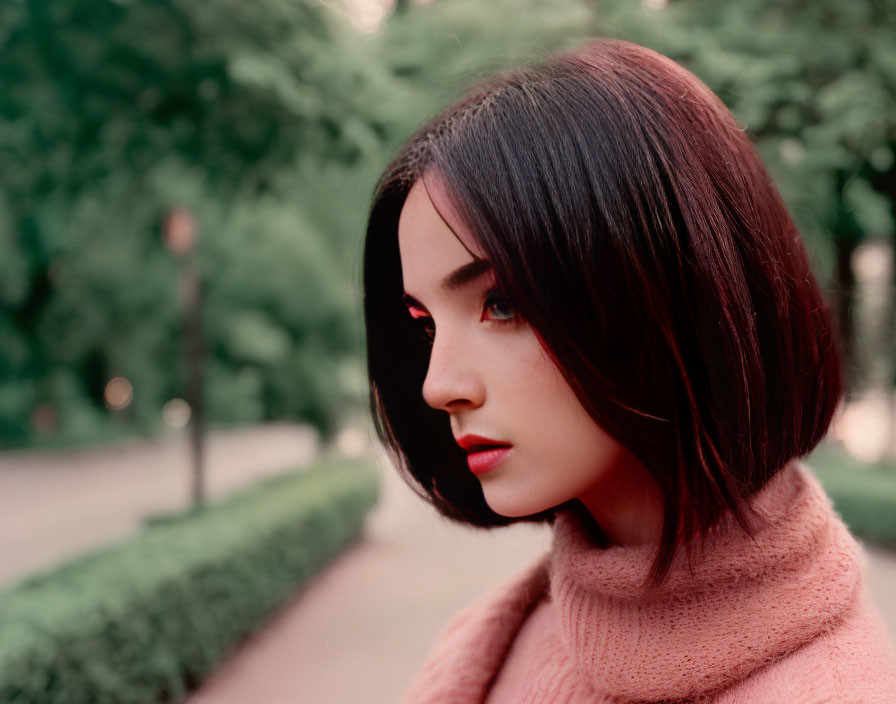 Woman with Bob Haircut and Red Lipstick in Pink Sweater Outdoors with Soft-focus Greenery