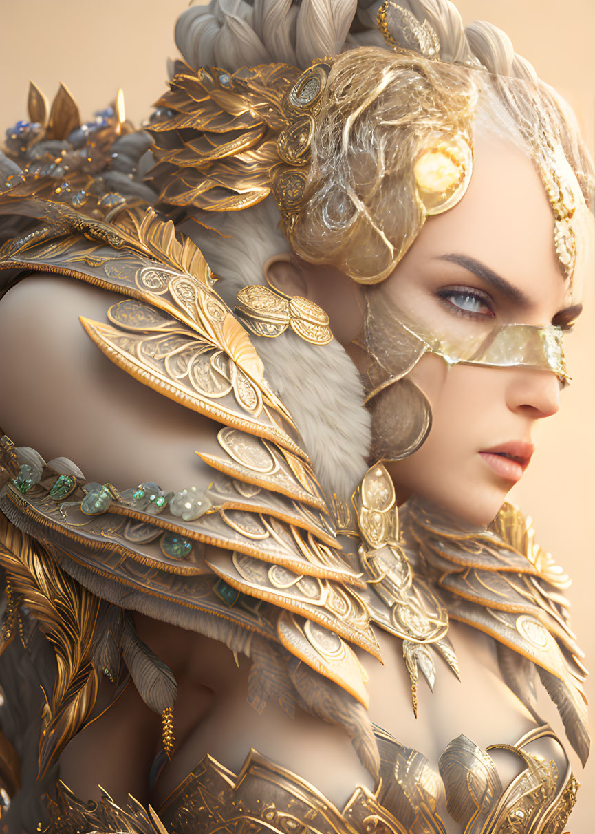 Digital artwork: Woman in ornate golden armor with feathered shoulders and intense masked gaze
