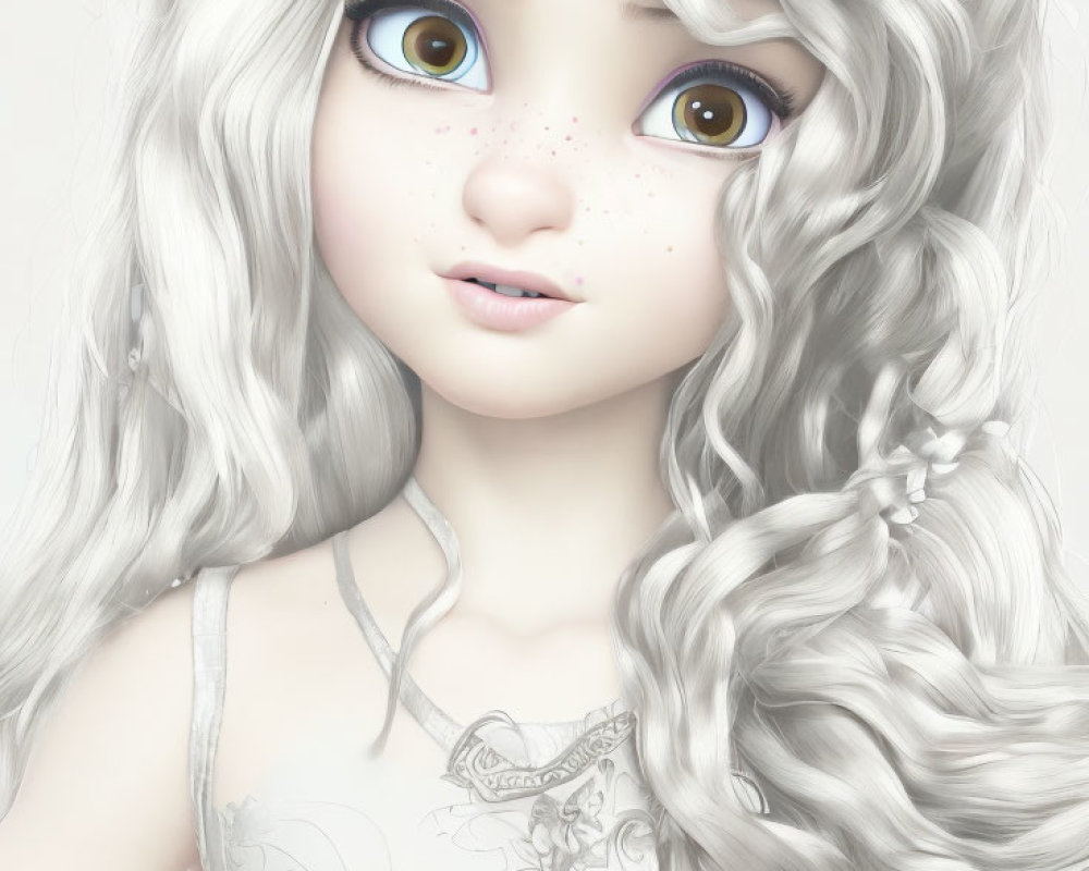Character with Large Blue Eyes and White Hair in Floral Dress