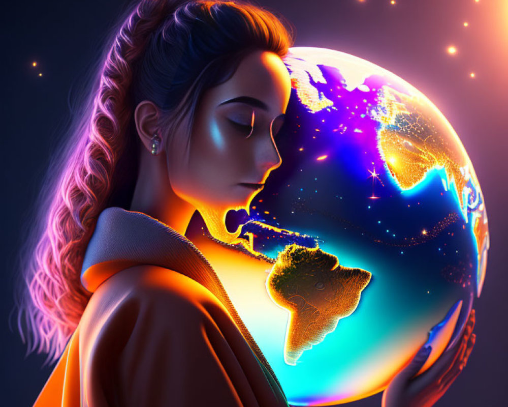 Digital artwork: Woman with eyes closed resting on glowing Earth against starry backdrop