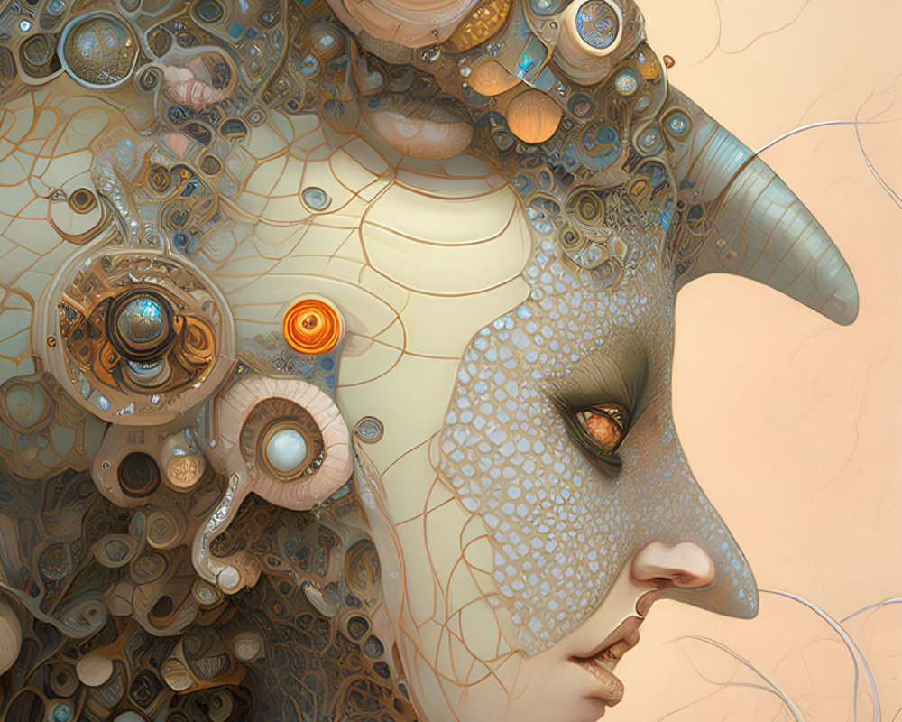 Profile view digital artwork: person with steampunk mechanical components and intricate textures on head and face