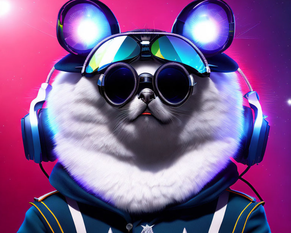 Anthropomorphic cat in aviator sunglasses and colorful jacket on pink backdrop
