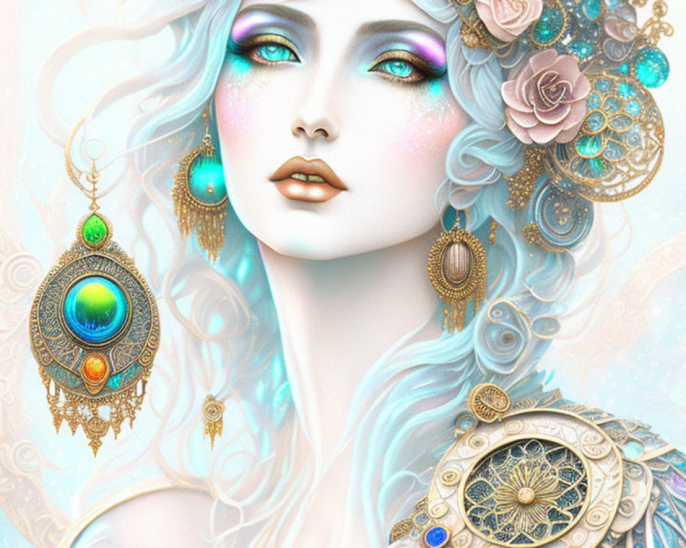 Fantasy woman illustration with blue and white hair and ornate gold jewelry