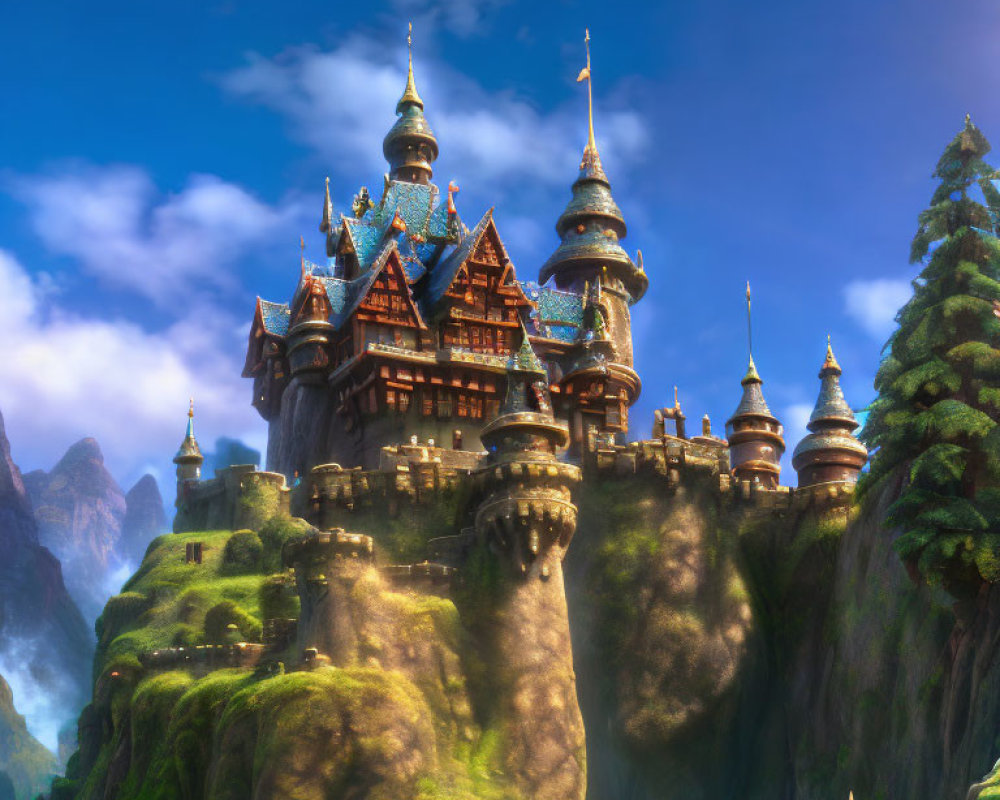 Majestic castle with spires on cliff in lush setting