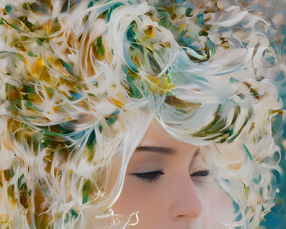 Blonde woman portrait with swirling paint-like textures in white, gold, and green tones