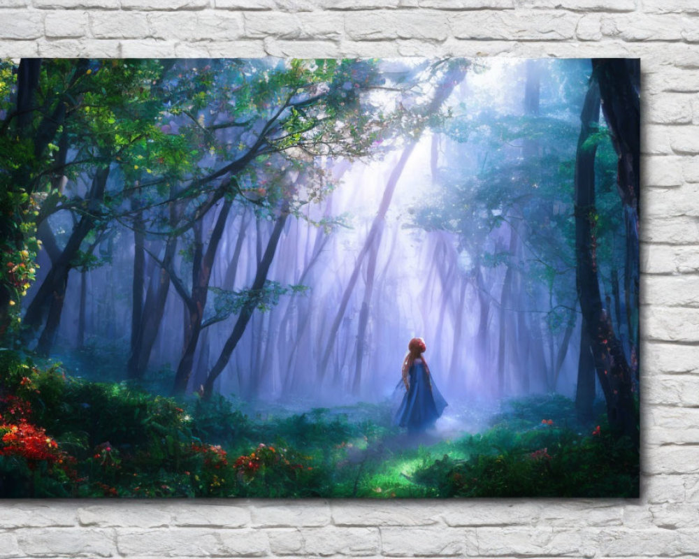 Mystical forest canvas print with figure in red cloak