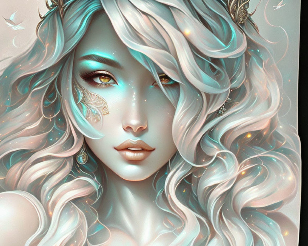 Illustration of woman with turquoise wavy hair and green eyes with gold makeup and butterflies.