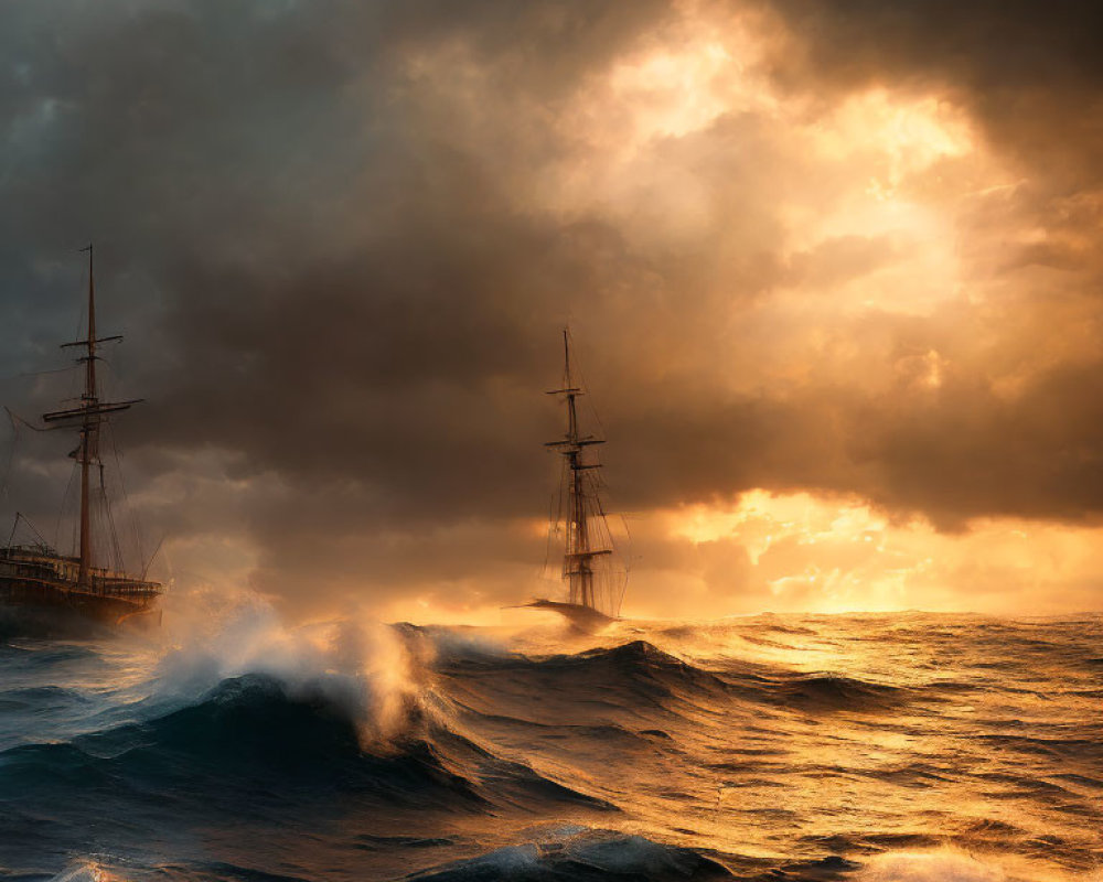 Sailing ships on tumultuous seas under dramatic sky with sun piercing through clouds