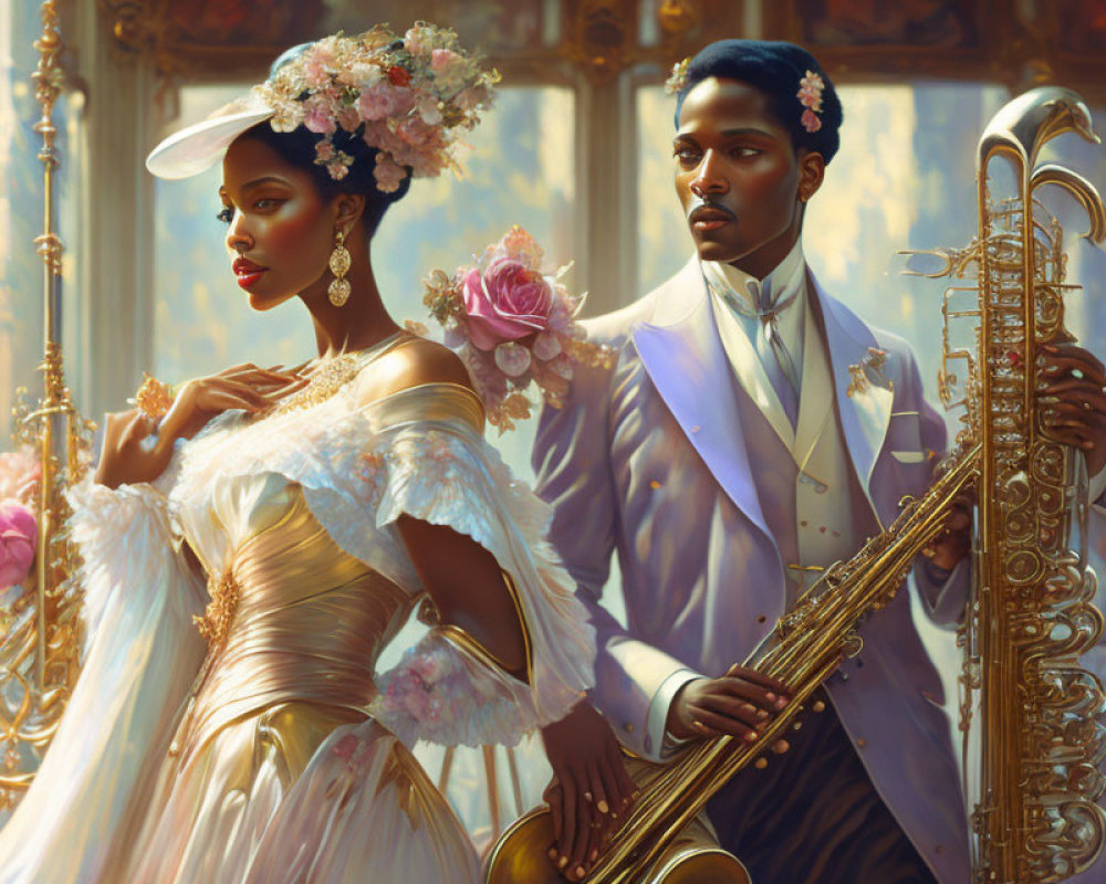 Vintage Attired Couple in Lavish Room with Flowers and Saxophone