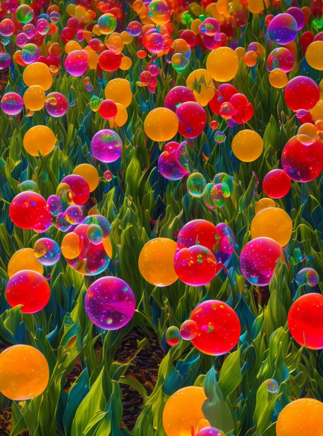 Translucent Multicolored Bubbles Float Above Green Plant Leaves