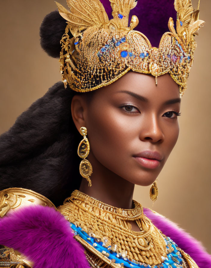 Regal woman adorned in golden crown and jewelry with purple cloak