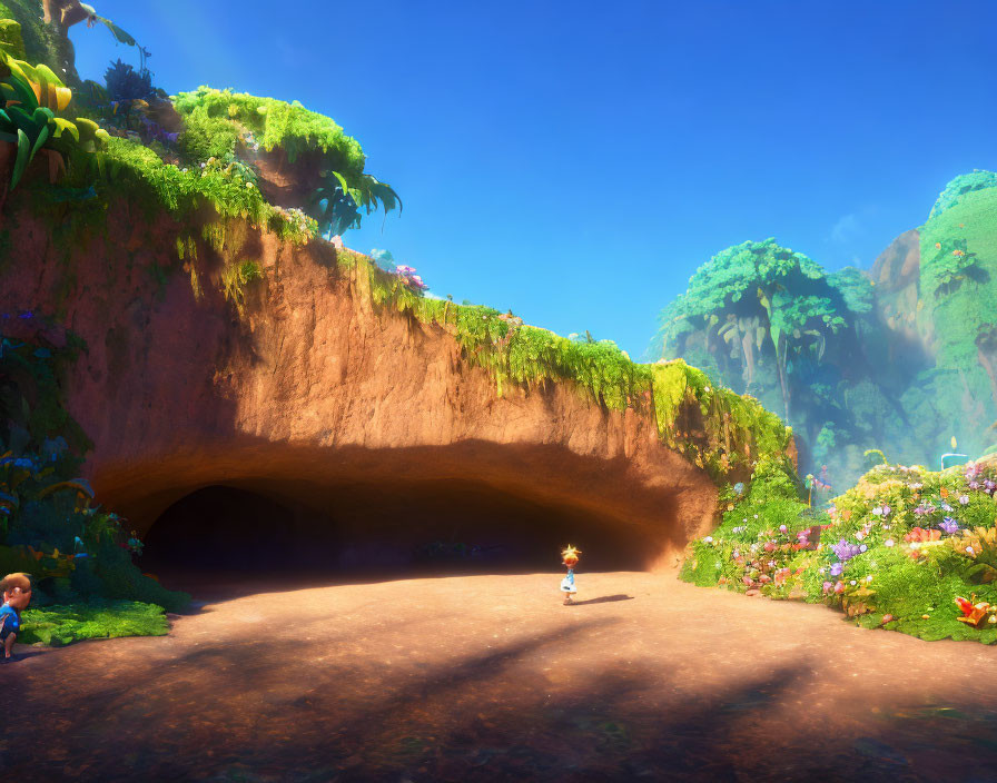 Vibrant animated landscape with sunlit cavern entrance and lush greenery