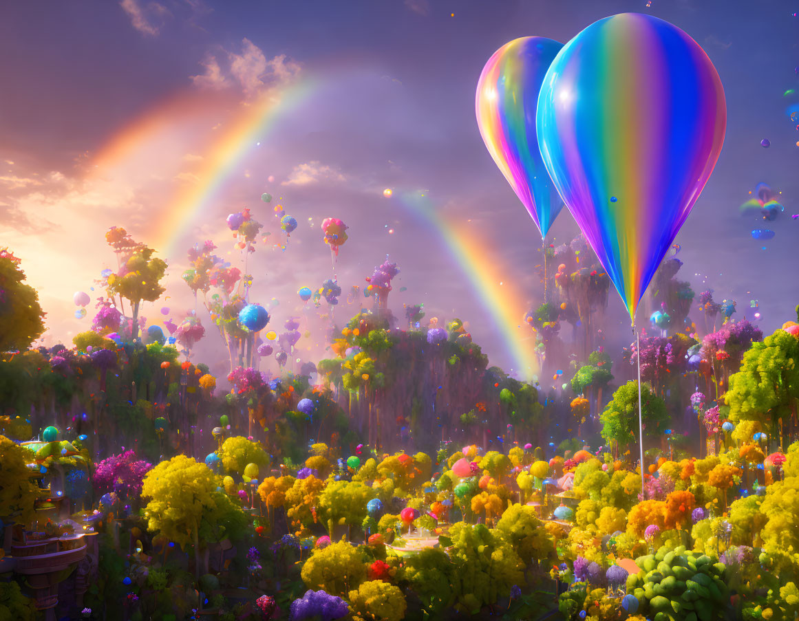 Vibrant fantasy landscape with colorful hot air balloons