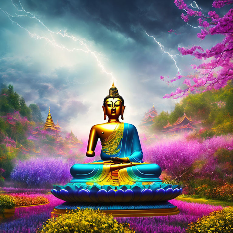 Colorful Buddha Statue Meditating Among Flowers and Temples