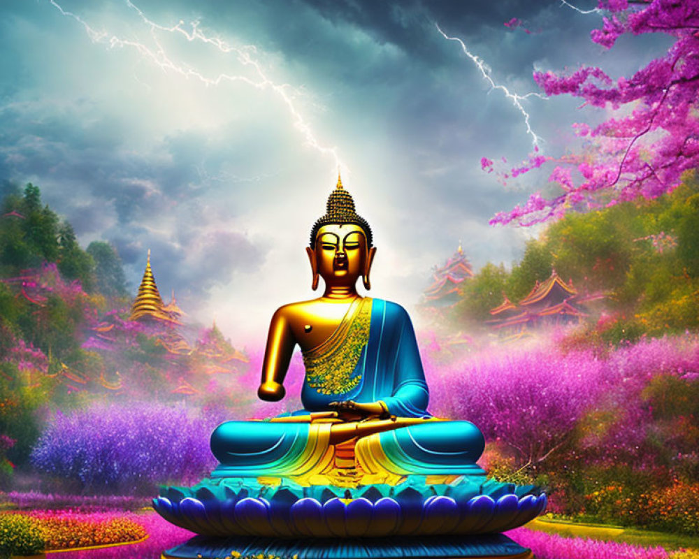 Colorful Buddha Statue Meditating Among Flowers and Temples