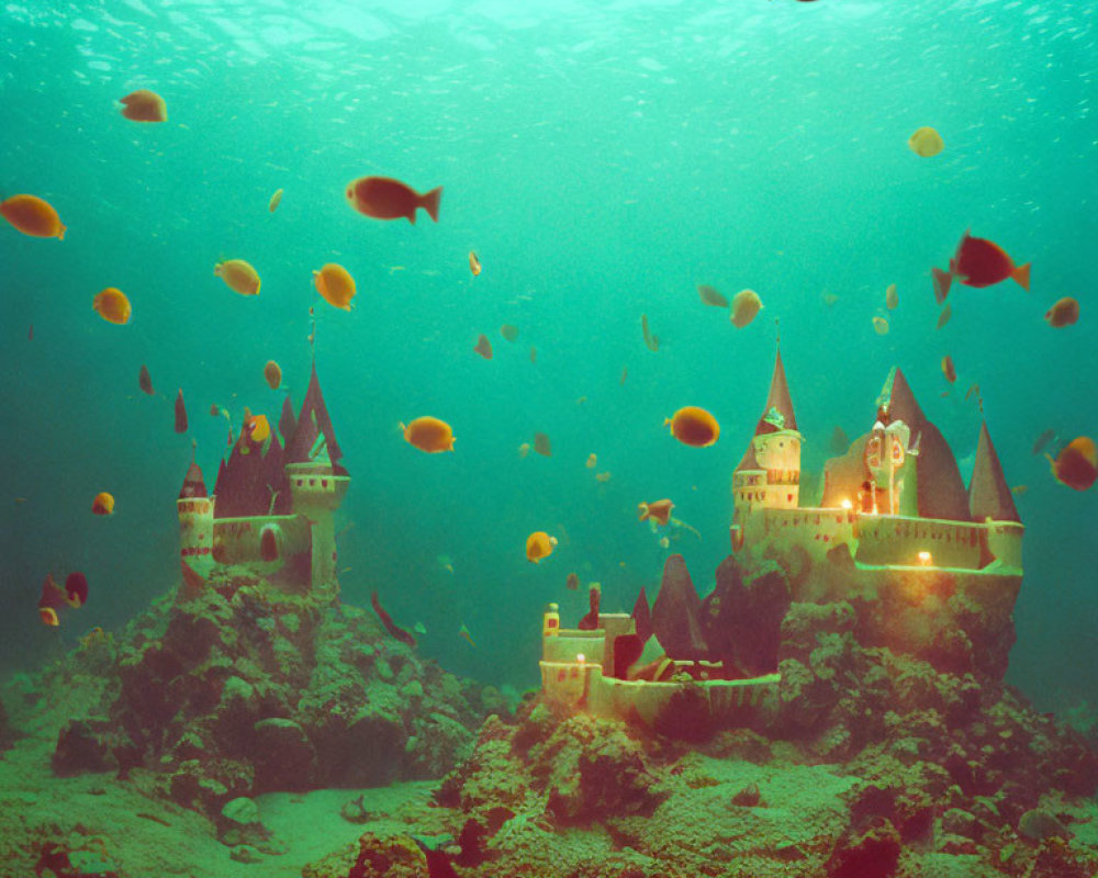Underwater fairytale castle scene with fish and greenish hue