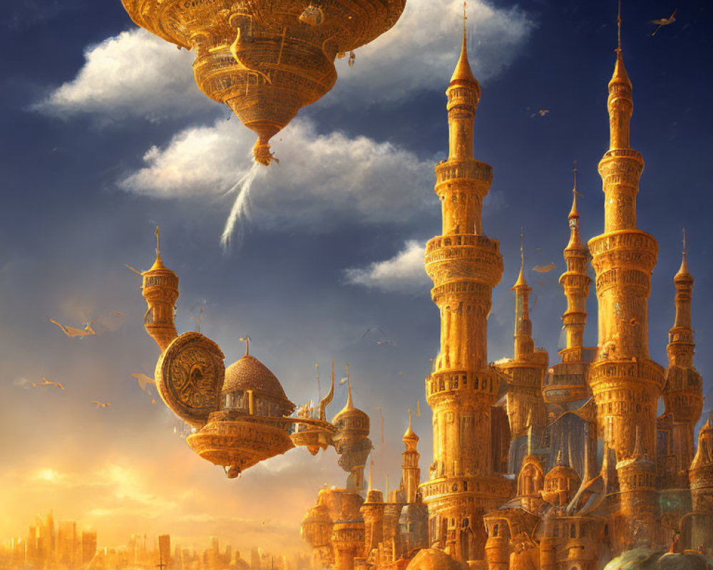 Fantastical cityscape with towering spires and floating islands above a sunlit harbor