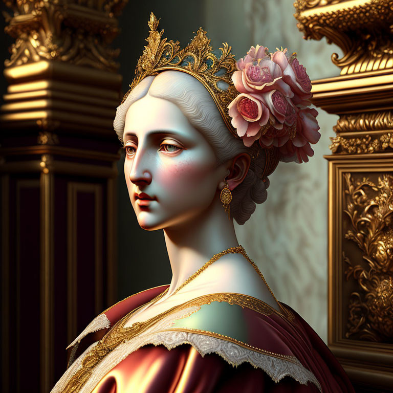 Animated regal woman in gold-trimmed red dress and crown with flower in hair