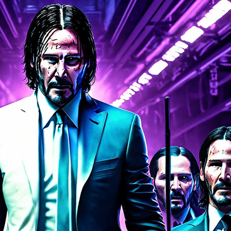 Intense man with long hair and beard in blue suit against purple neon-lit backdrop