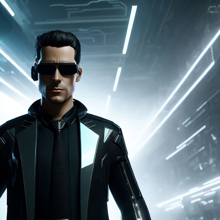 Male character in black outfit with sunglasses in neon-lit corridors