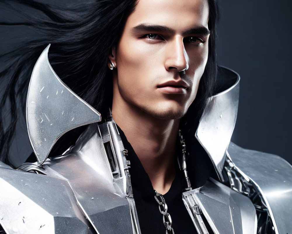 Man in futuristic silver armor with high collar and chain details.