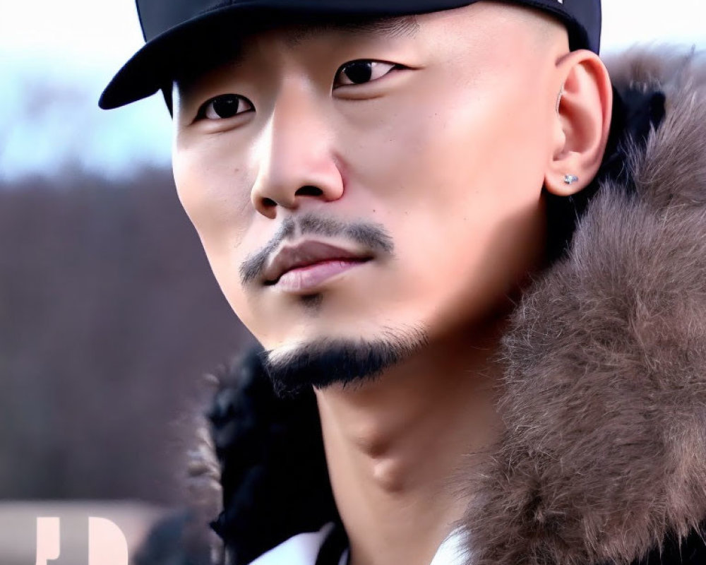 Man with Goatee and Mustache in Black Baseball Cap and Fur Collar Jacket