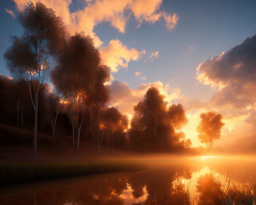 Tranquil lake at sunset with orange clouds and tree silhouettes