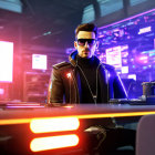 Fashionable Man in Sunglasses at Futuristic Desk with Neon Lights