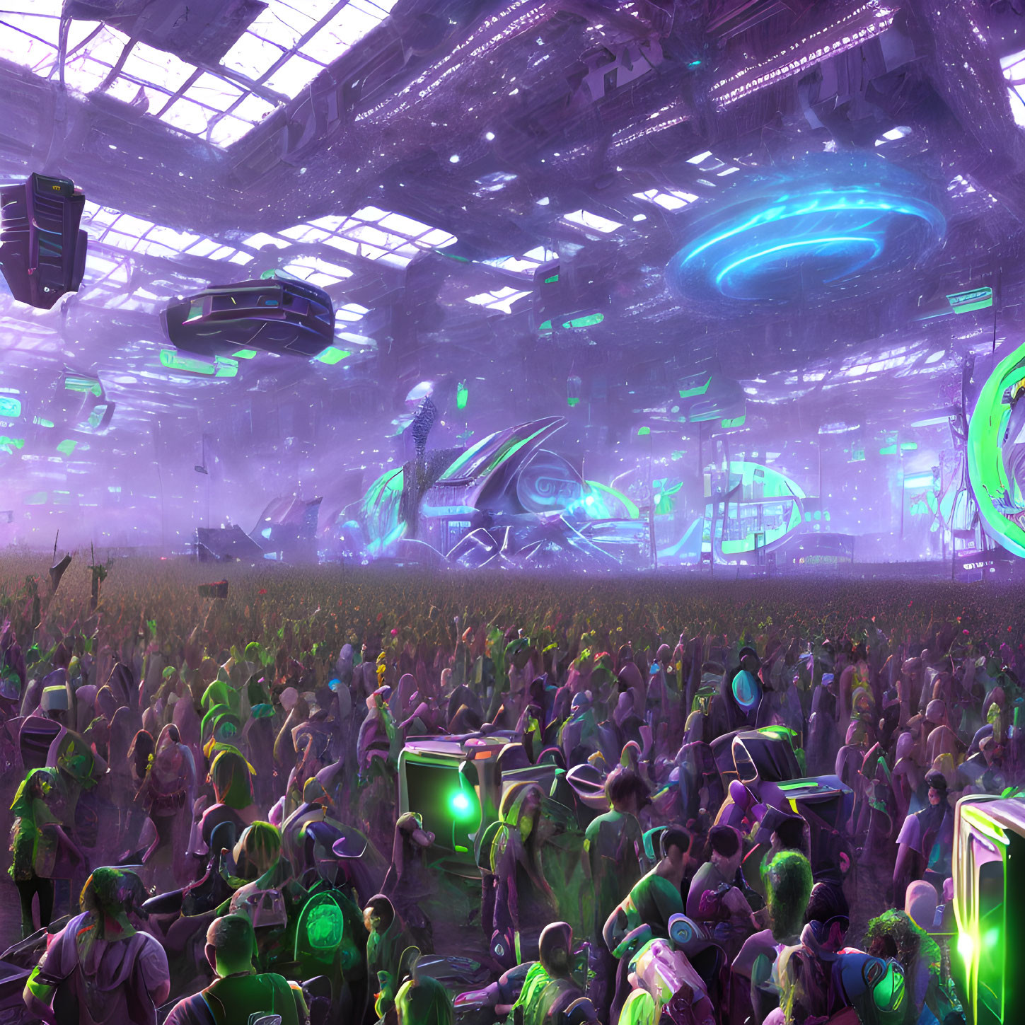 Alien-themed sci-fi concert with neon lighting and futuristic stages