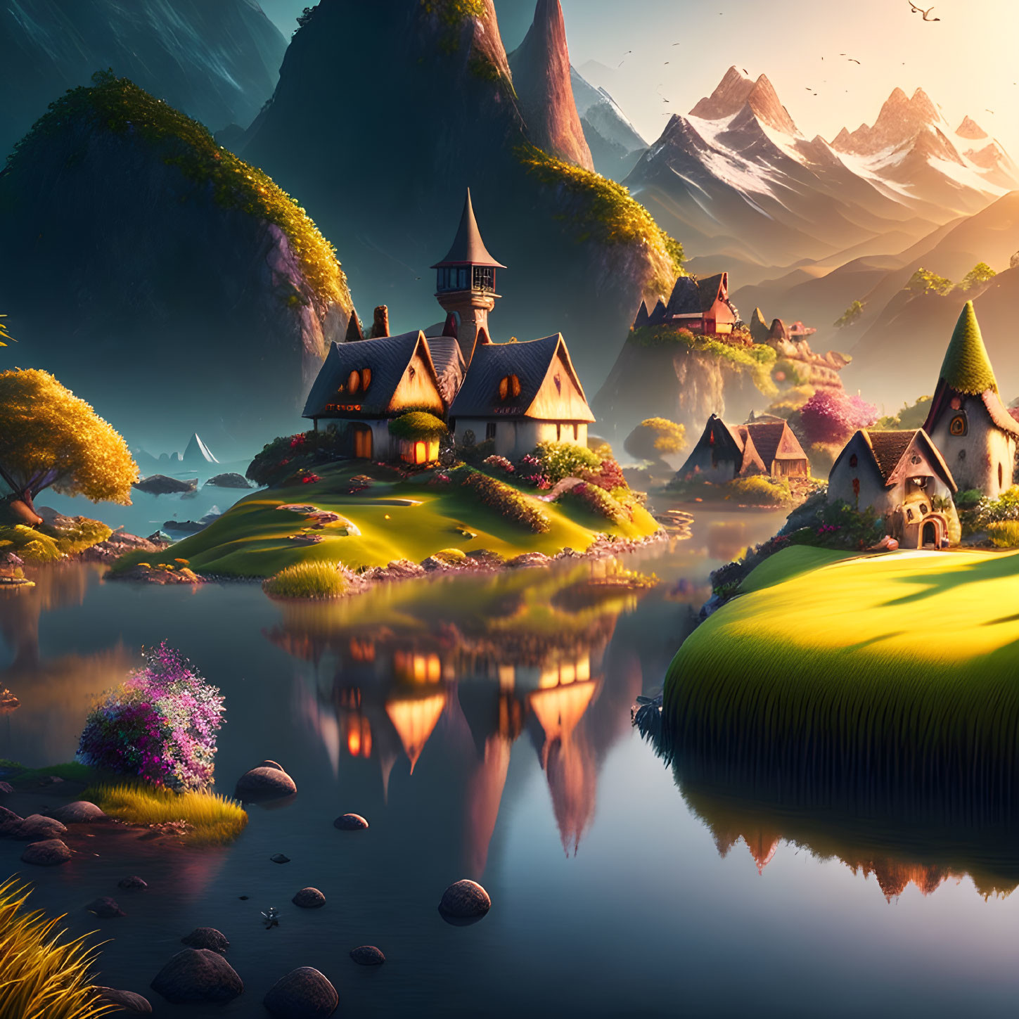 Tranquil fantasy landscape with houses, lake, greenery, mountains, and sunrise
