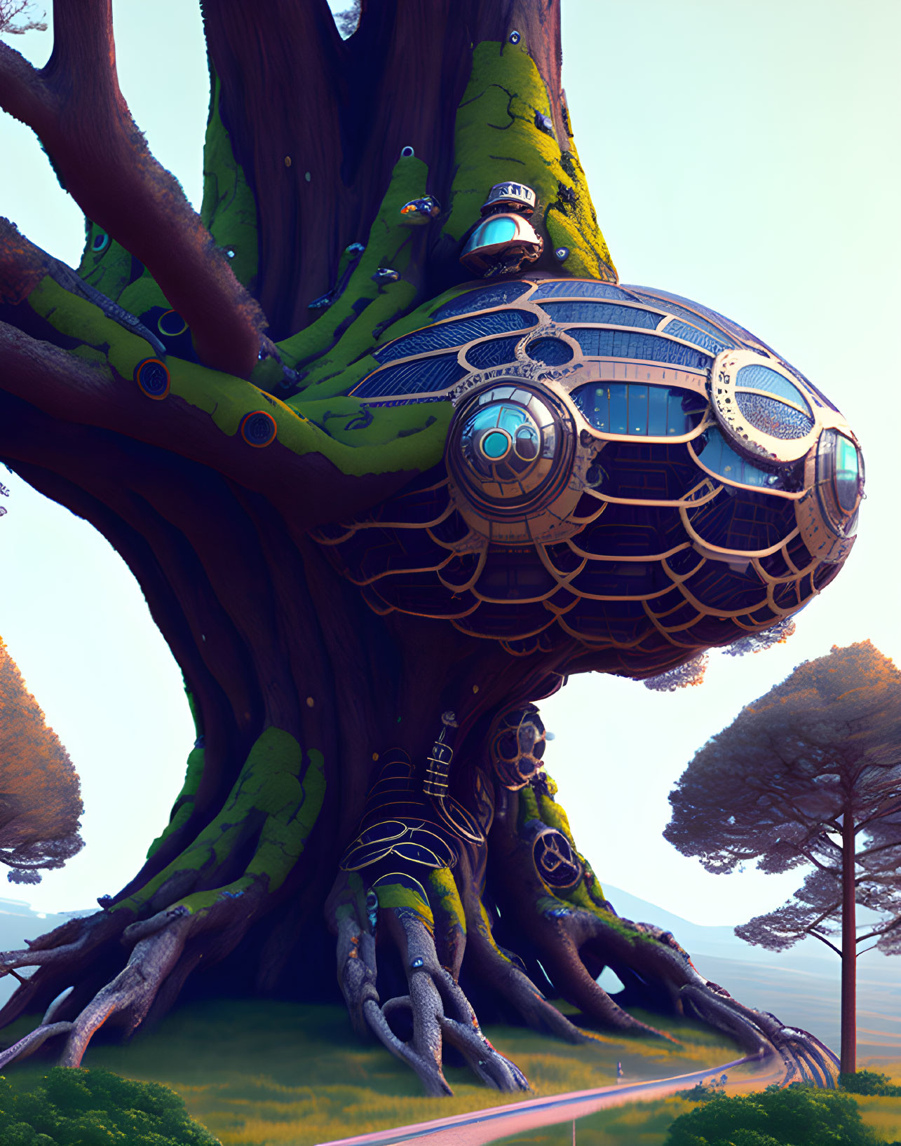 Futuristic spherical structure in fantastical tree landscape