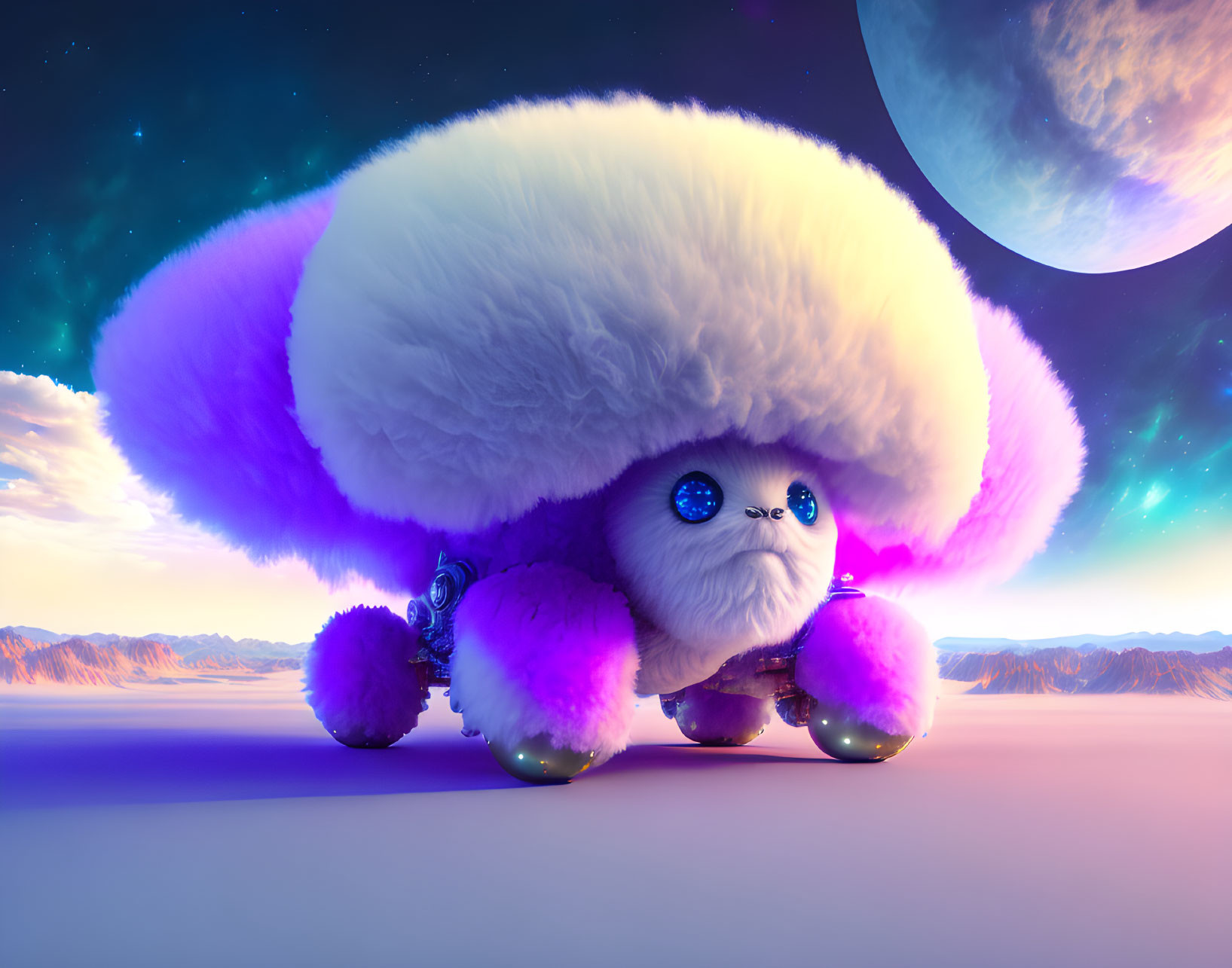 Fluffy White Creature with Blue Eyes and Orb Feet in Alien Landscape