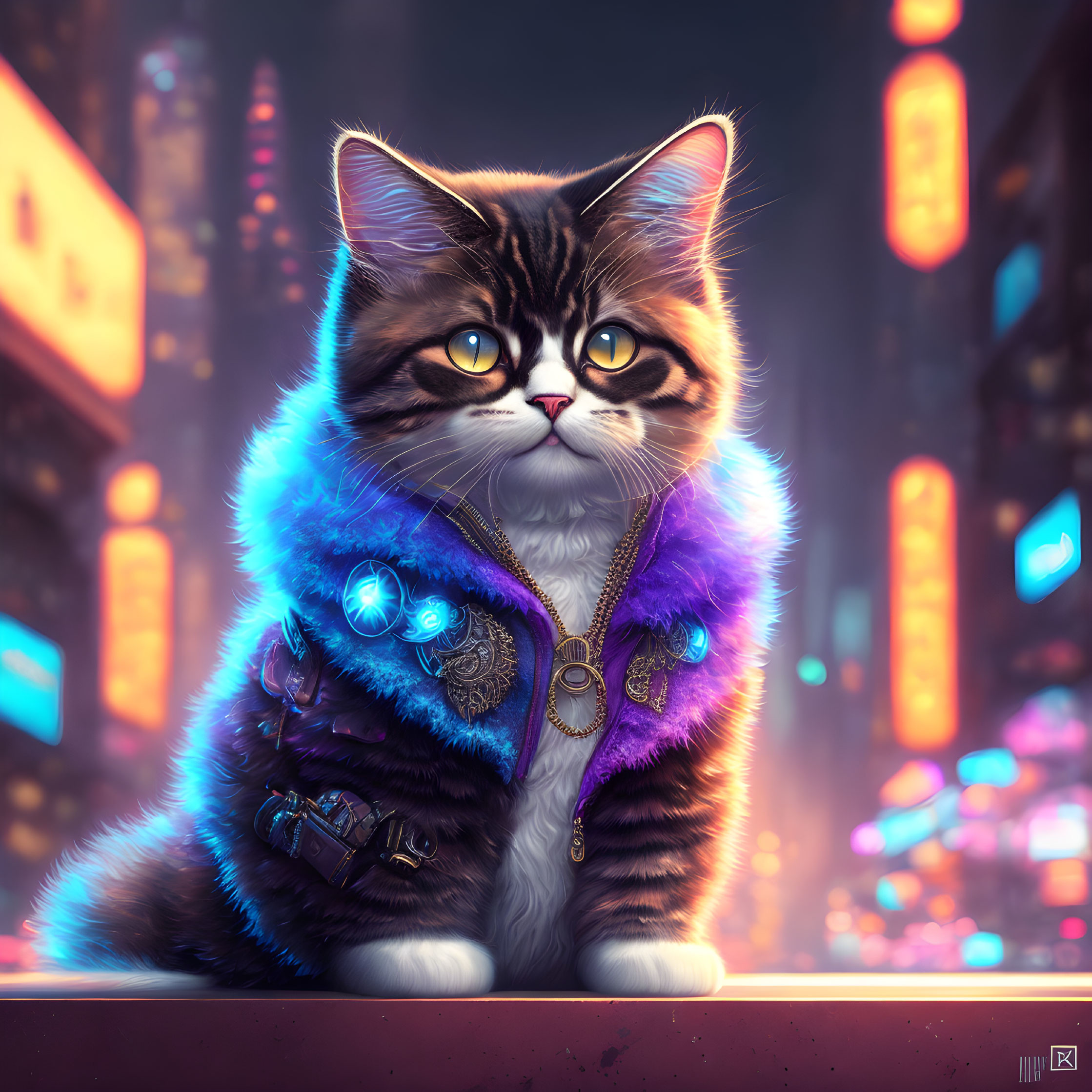 Anthropomorphic Cat in Futuristic Jacket on Neon Urban Background