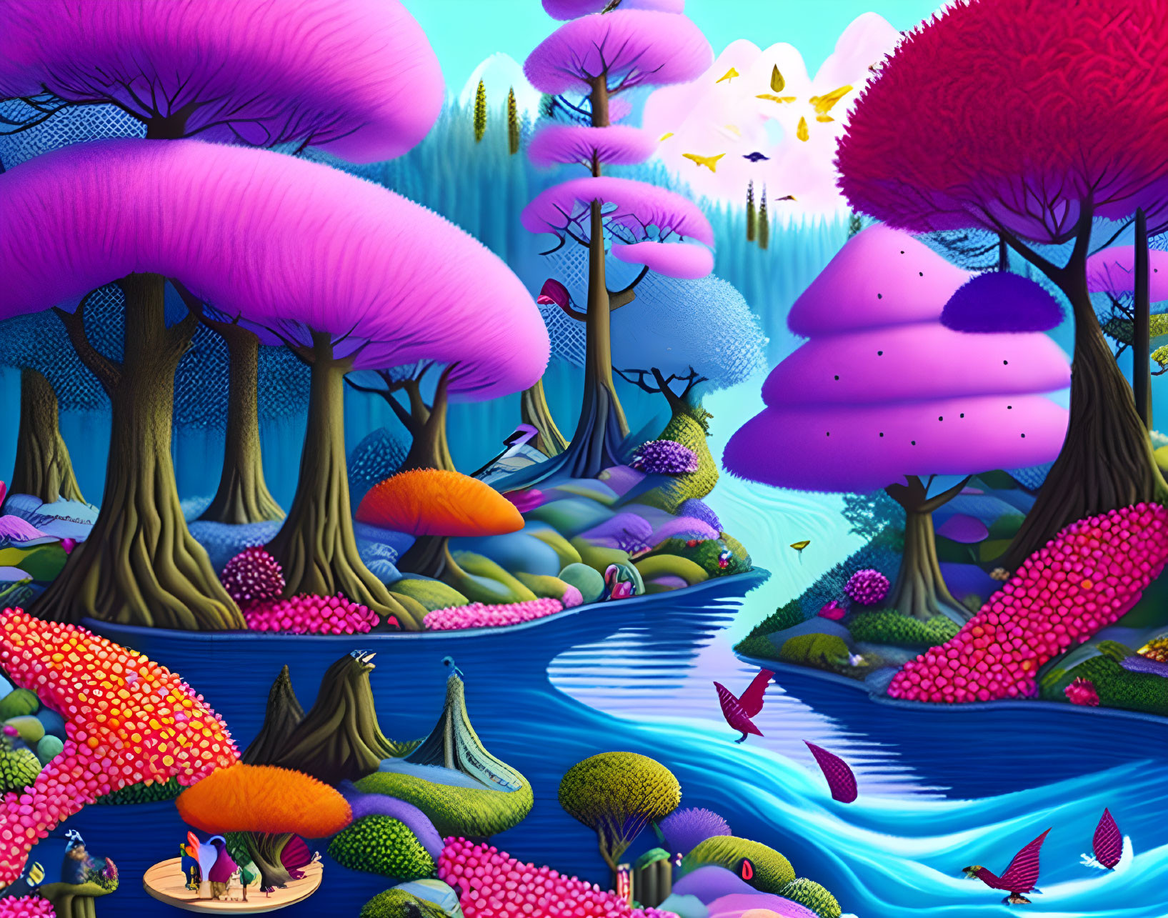 Colorful fantasy landscape with pink and purple trees, crystal blue rivers, and whimsical birds.