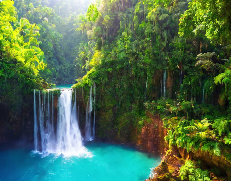 Tropical Forest with Cascading Waterfall and Turquoise Pool
