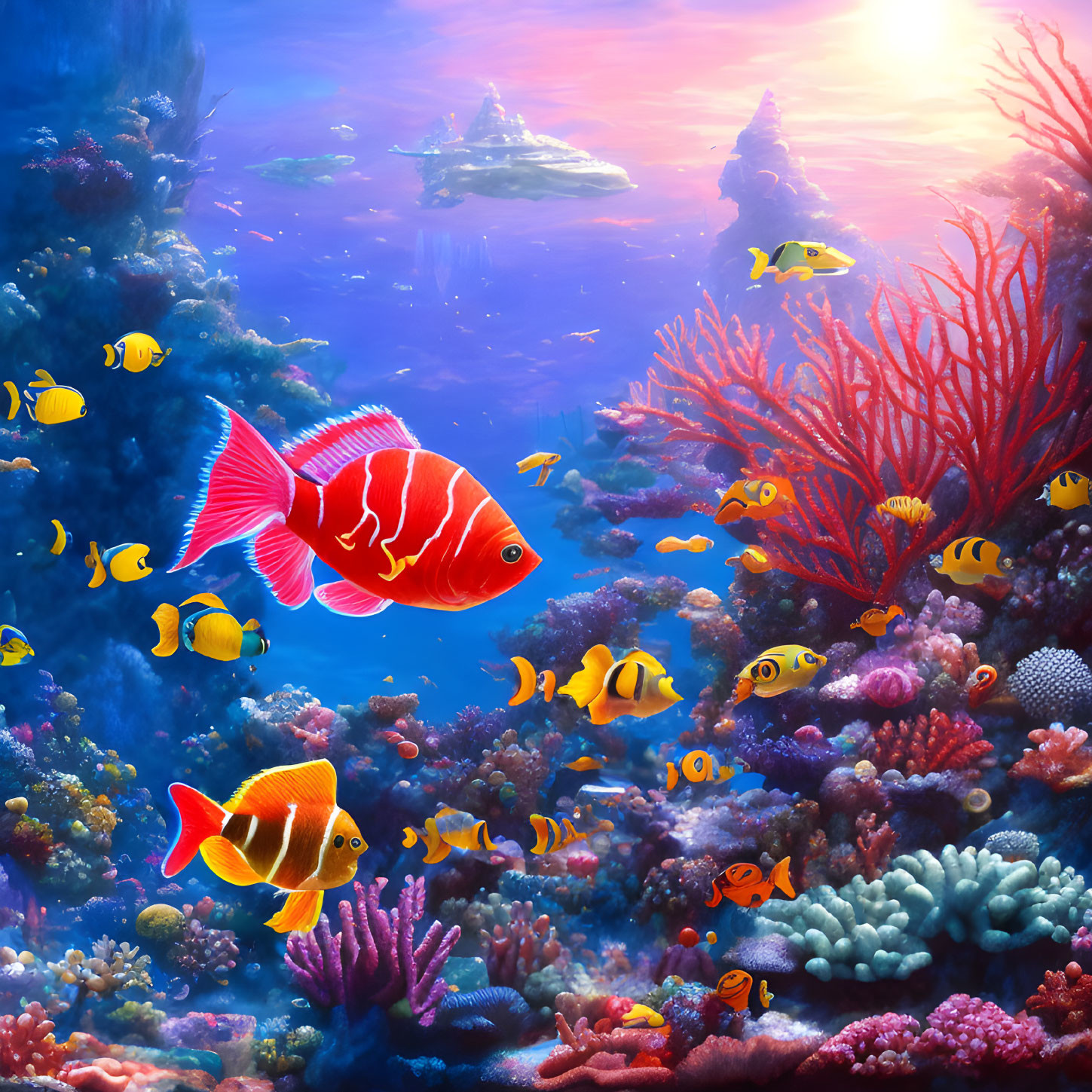 Colorful Fish and Corals in Vibrant Underwater Scene