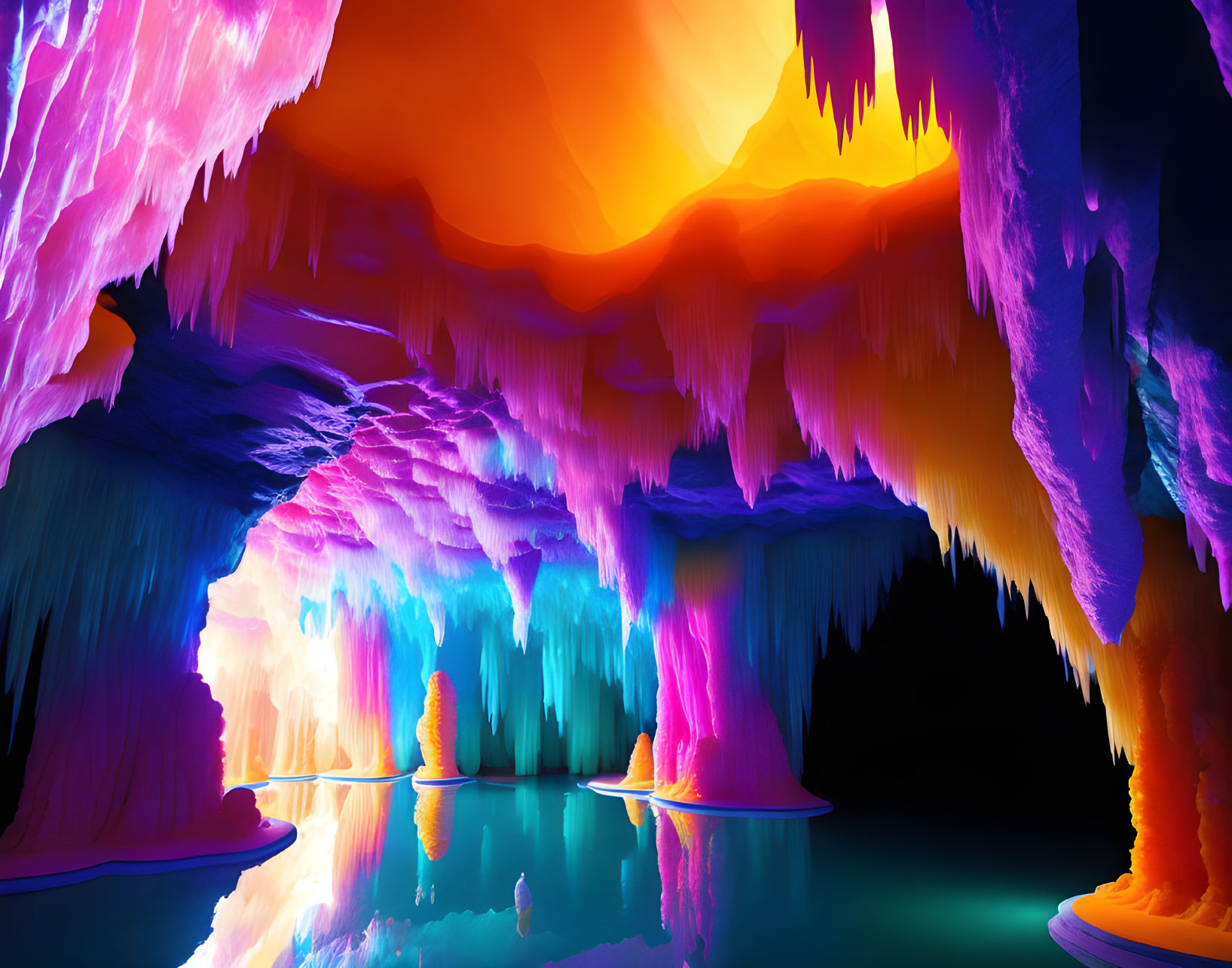 Colorful cave with a lake