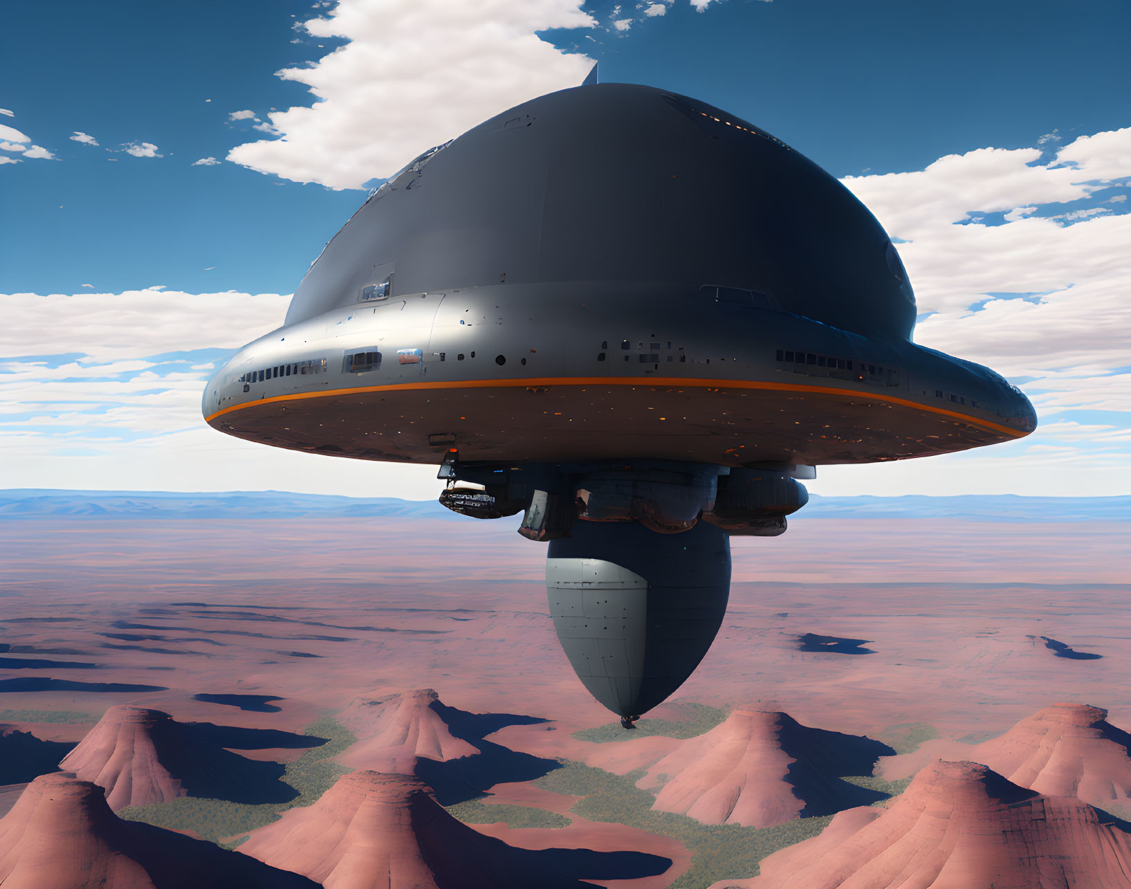 Futuristic spacecraft over desert with red rock formations