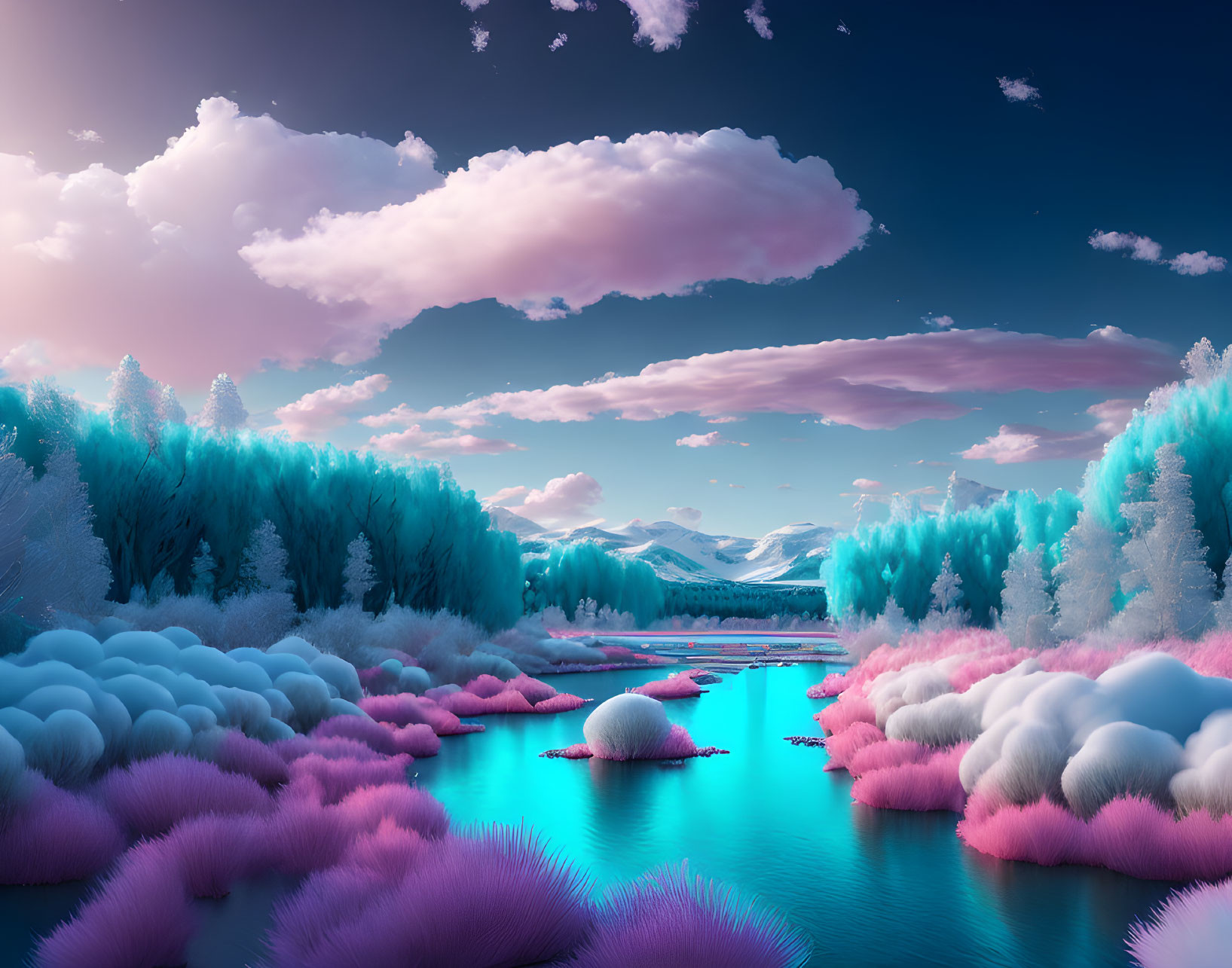 Vibrant landscape with turquoise water, pink clouds, snow-capped mountains, and pink grass