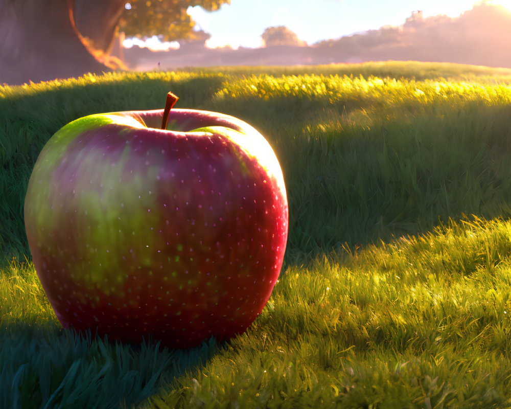 Fresh red apple with dew drops on green grass in warm sunlight.