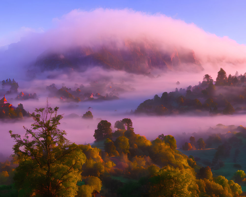 Misty forest valley at sunrise with warm hues
